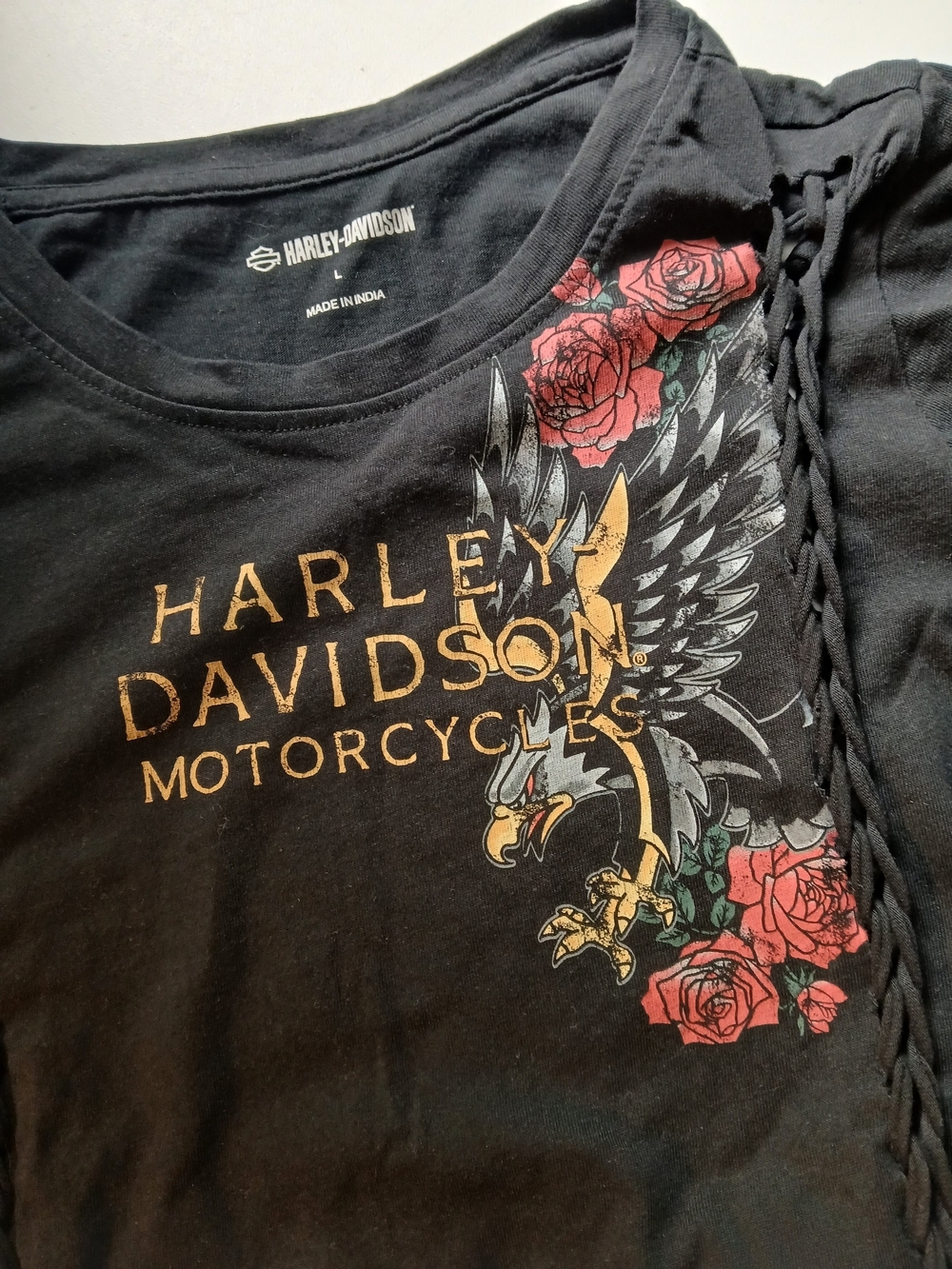 Harley-Davidson Black Eagle Open Braided Graphic Tee with Roses